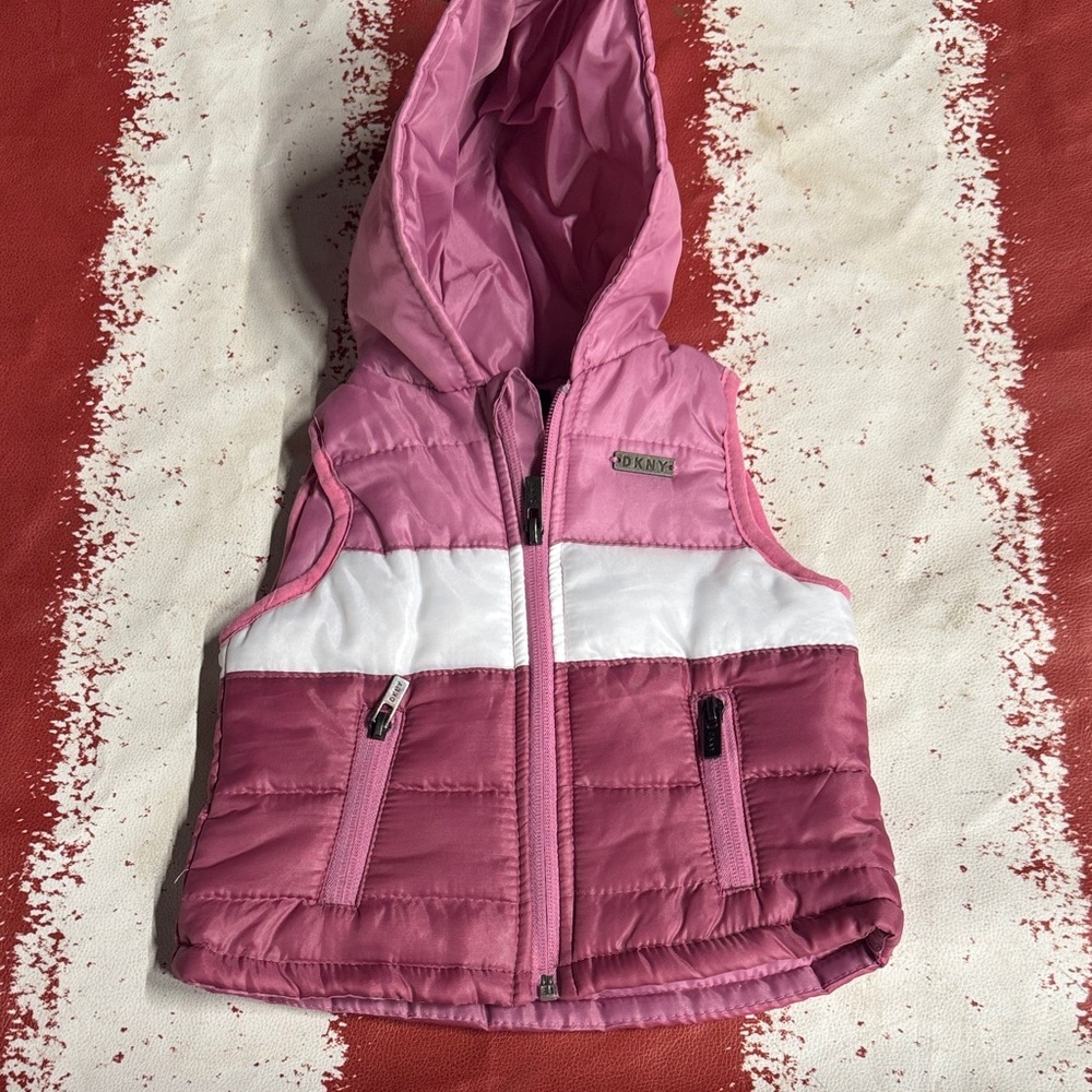 DKNY Pink and White Hooded Puffer Vest